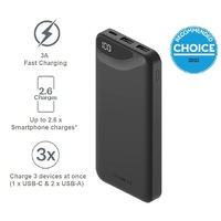 Cygnett ChargeUp Boost 3rd Gen 10K mAh Power Bank - Black (CY4341PBCHE), 1x USB-C(15W),2x USB-A(12W),15cm USB-C Cable,Digital Display,Charge 3 Devices