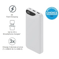 Cygnett ChargeUp Boost 3rd Gen 10K mAh Power Bank - White (CY4344PBCHE), 1x USB-C(15W),2x USB-A(12W),15cm USB-C Cable,Digital Display,Charge 3 Devices