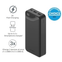 Cygnett ChargeUp Boost 3rd Gen 20K mAh Power Bank - Black (CY4345PBCHE), 1x USB-C(15W),2x USB-A(12W),15cm USB-C Cable,Digital Display,Charge 3 Devices