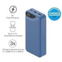 Cygnett ChargeUp Boost 3rd Gen 20K mAh Power Bank - Blue (CY4346PBCHE), 1x USB-C(15W),2x USB-A(12W), 15cm USB-C Cable,Digital Display,Charge 3 Devices