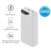 Cygnett ChargeUp Boost 3rd Gen 20K mAh Power Bank - White (CY4348PBCHE), 1x USB-C(15W),2x USB-A(12W),15cm USB-C Cable,Digital Display,Charge 3 Devices