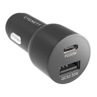 Cygnett CarPower 20W Dual Port Car Charger with 20W USB-C PD + 20W QC 3.0 - Black(CY3637CYCCH),1xUSB-C (20W),1xUSB-A(20W), Power Delivery Fast Charger