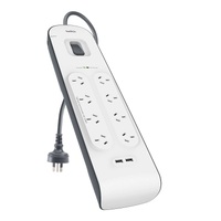 Belkin 8-Outlet Surge Protector with 2.4 Amp USB Charging Port - White/Grey(BSV804au2M),Rated to withstand a power surge of 900 joules,$50,000 CEW, 2M
