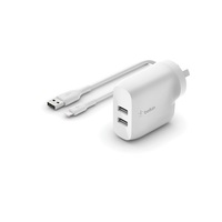 Belkin Boost  Charger Dual USB-A Wall Charger 24W + Lightning to USB-A Cable - White - 24W/4.8 amps total output