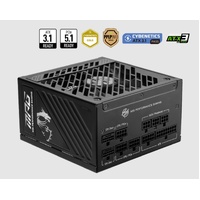 MSI MAG A1250GS PCIE5 ATX Power Supply Unit, 80 PLUS Gold, Fully modular flat cables, 0 RPM Mode, Active PFC design
