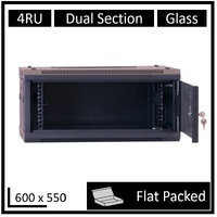 LDR Flat Packed 4U Hinged Wall Mount Cabinet (600mm x 550mm) Glass Door - Black Metal Construction - Top Fan Vents - Side Access