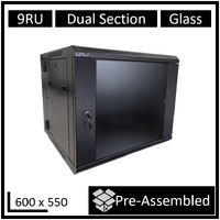 LDR Assembled 9U Hinged Wall Mount Cabinet (600mm x 550mm) Glass Door - Black Metal Construction - Top Fan Vents - Side Access Panels