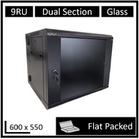 LDR Flat Packed 9U Hinged Wall Mount Cabinet (600mm x 550mm) Glass Door - Black Metal Construction - Top Fan Vents - Side Access Panels
