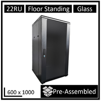 LDR Assembled 22U Server Rack Cabinet (600mm x 1000mm), Glass Door, 1x 8-Port PDU, 1x 4-Way Fan, 2x Fixed Shelves - Black Metal Construction