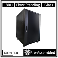 LDR Assembled 18U Server Rack Cabinet (600mm x 800mm) Glass Door, 1x 8-Port PDU, 1x 4-Way Fan, 2x Fixed Shelves - Black Metal Construction