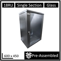 LDR Assembled 18U Wall Mount Cabinet (600mm x 450mm) Glass Door - Black Metal Construction - Top Fan Vents - Side Access Panels