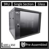 LDR Assembled 9U Wall Mount Cabinet (600mm x 450mm) Glass Door - Black Metal Construction - Top Fan Vents - Side Access Panels