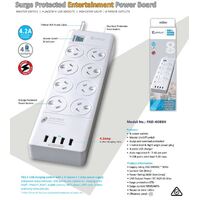 Sansai 8 Outlets & 4 USB Outlets Surge Protected Powerboard Master On/Off switch 1M lead & Right angle plug 230-240VAC IV Retail box