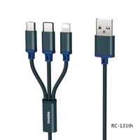Phone Cable Remax Charging 3 in 1 Lightning, Micro USB Type C Cable Blue