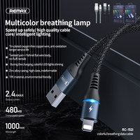 Phone Cable Remax Lightning 2.4A Safe Fast Charge with Colorful LED Light Gray