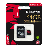 Kingston 32GB Canvas React UHS-I Micro SDHC Memory Card with SD Adapter SDCR-32GB U3 A1 4K 100Mb/s